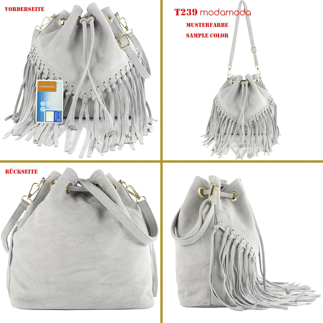 modamoda de - T239 - ital. Schultertasche Fransen Wildleder Blaugrau, Blaugrau