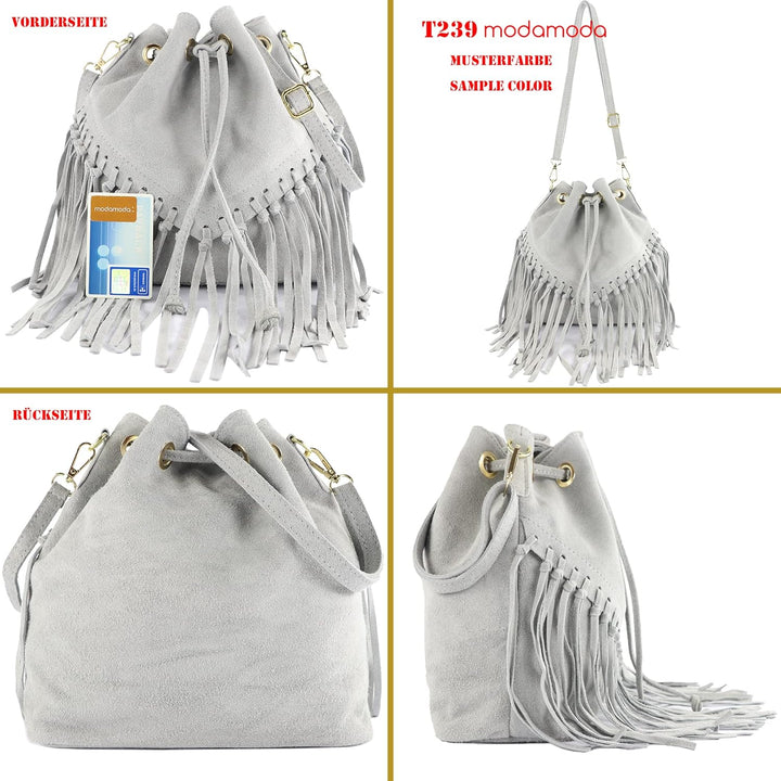 modamoda de - T239 - ital. Schultertasche Fransen Wildleder Blaugrau, Blaugrau
