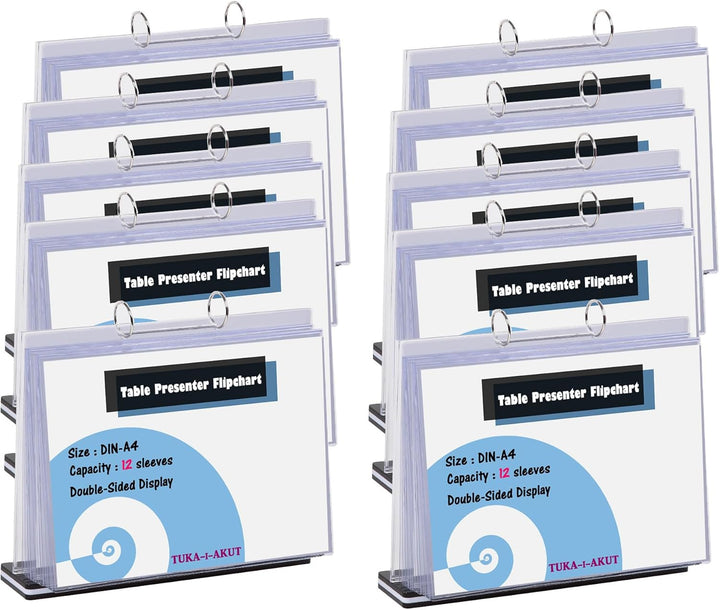 TUKA-i-AKUT 10er A4 Quer Tisch-Flipchart aus Acryl mit Basis, 12 Hüllen je T Form Desktop Flip Chart