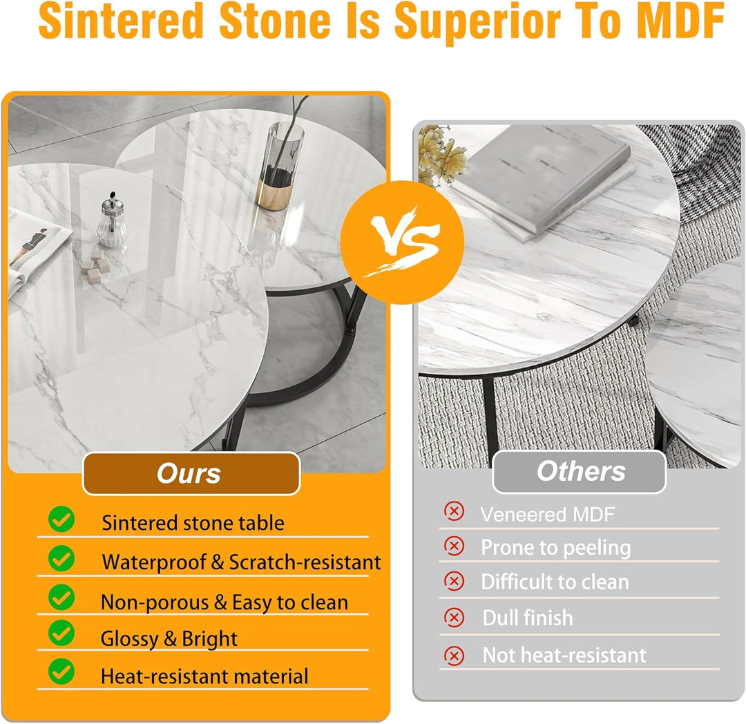 FATIVO Marmor Couchtisch 2er Set, Weiss Satztisch Rund Wohnzimmertisch mit schwarz Metallrahmen - Sa