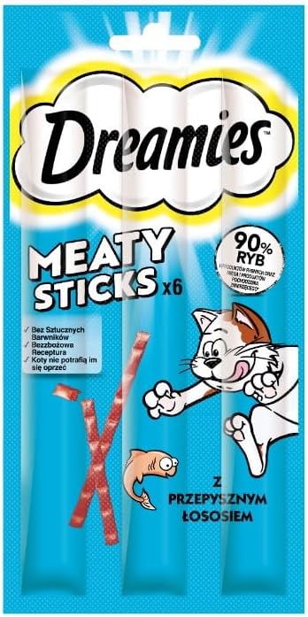 Dreamies Meaty Sticks Katzensnack mit Lachs Belohnung für verspielte Samtpfoten 14 x 30g (14 x 6 Stü