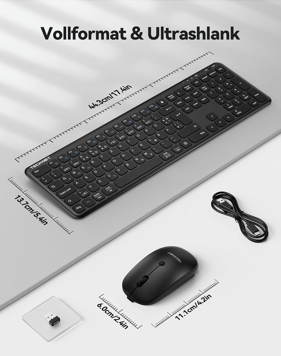TECKNET Tastatur Maus Set Kabellos - Wiederaufladbare Ultradünne Bluetooth Tastatur mit Maus, Deutsc