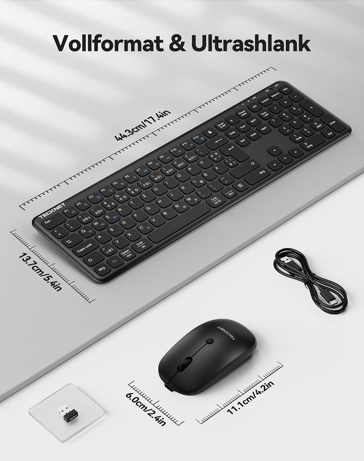 TECKNET Tastatur Maus Set Kabellos - Wiederaufladbare Ultradünne Bluetooth Tastatur mit Maus, Deutsc