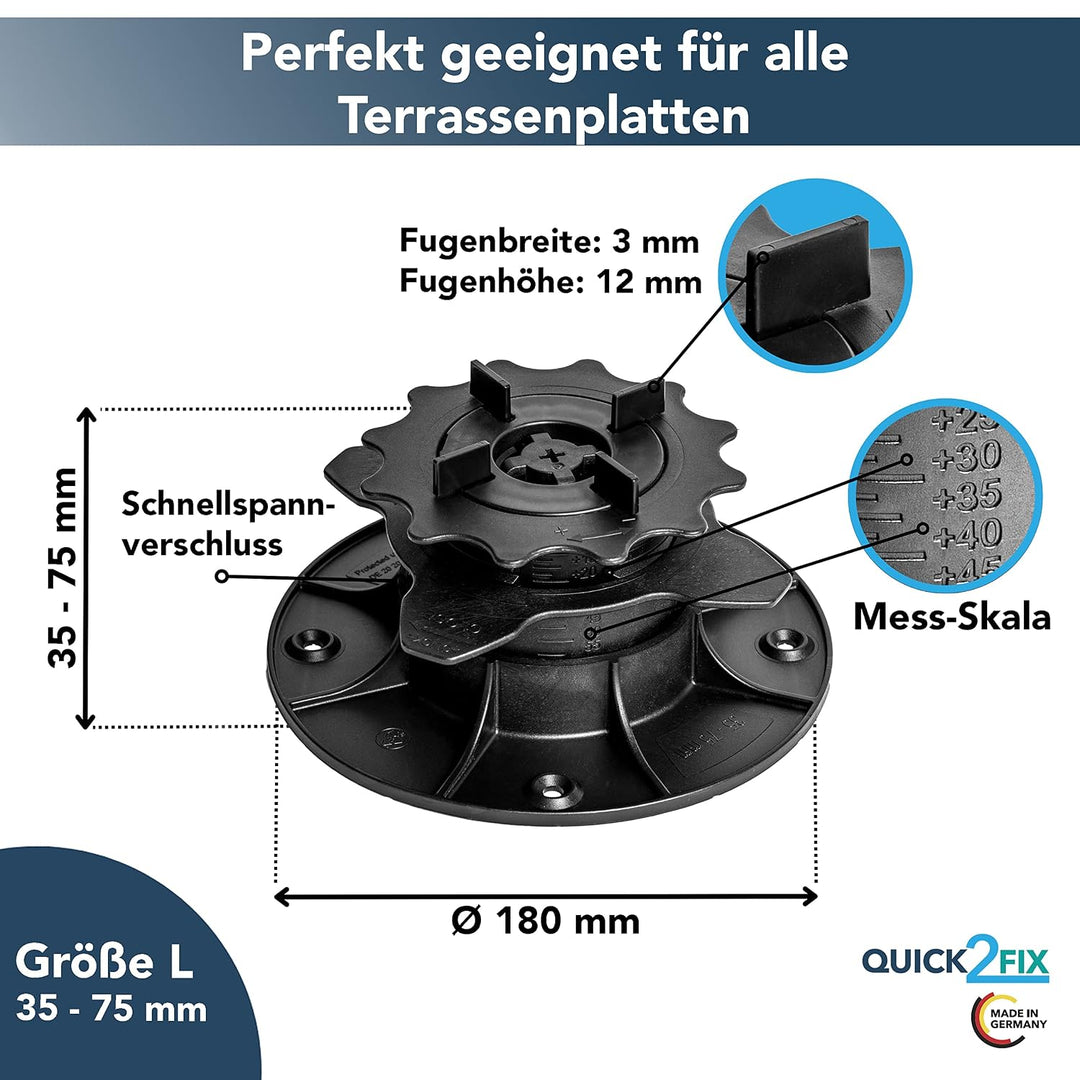 QUICK2FIX® Plattenlager/Stelzlager höhenverstellbar 75-195mm (Grösse XL) - Fugenkreuz | 12 Stk. Grös