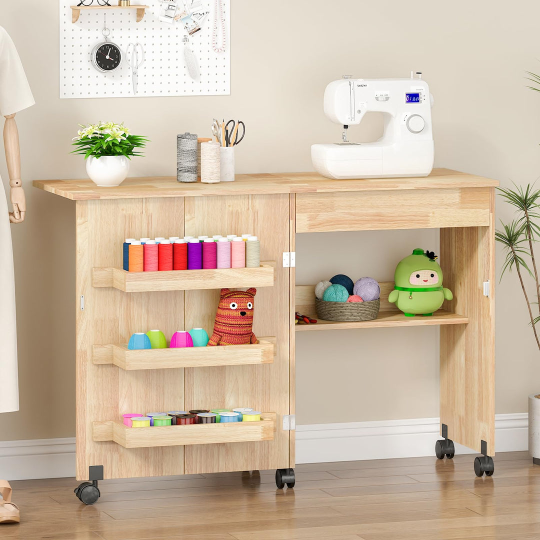 Nähtisch Klappbar, 2-in-1 Nähmaschinentisch, Nähmaschinenschrank mit Offenen Ablagefächern und Rolle