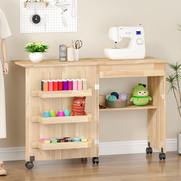 Nähtisch Klappbar, 2-in-1 Nähmaschinentisch, Nähmaschinenschrank mit Offenen Ablagefächern und Rolle