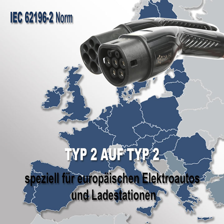 DA Hi Typ 2 auf Typ 2 Ladekabel für EV PHEV Elektroauto und Plug in Hybrid in schwarz/Blau (11KW-16A