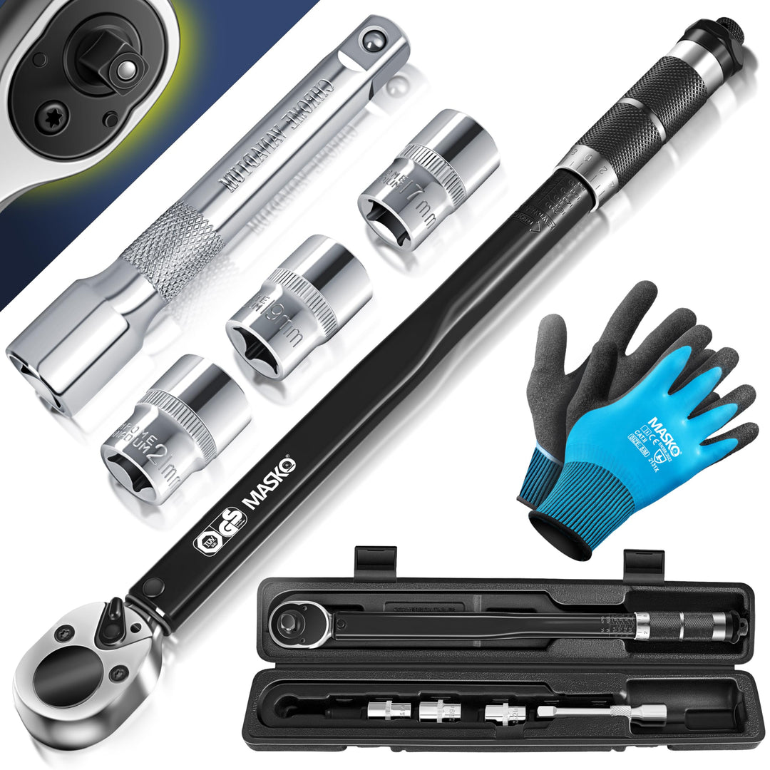 MASKO® Drehmomentschlüssel 6tlg. Set 40-210Nm 1/2' CV inkl. 3 Stecknüsse 17mm 19mm 21mm & Verlängeru