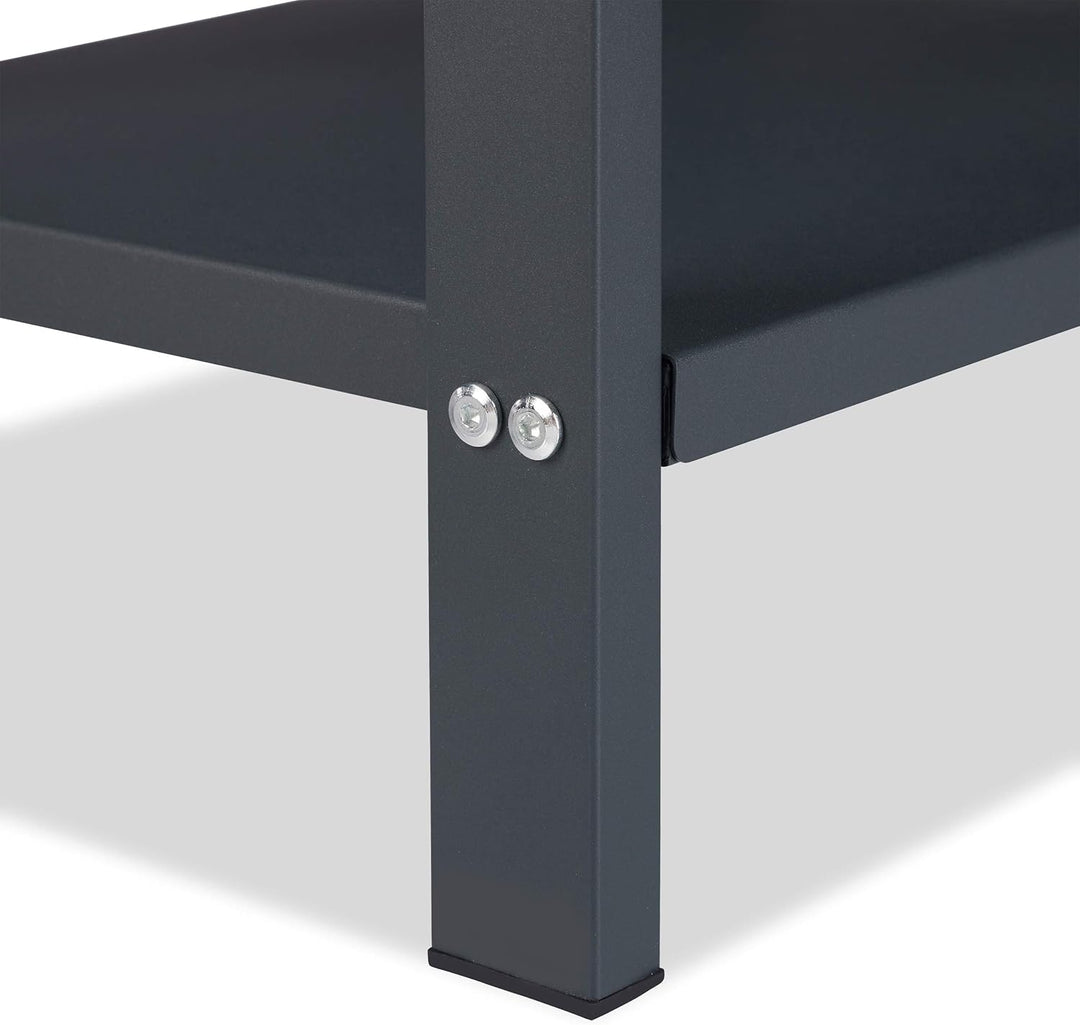 Relaxdays, anthrazit Kaminholzregal mit 2 Ablagen, aus Stahl, 4 Haken für Kaminbesteck, Brennholzreg