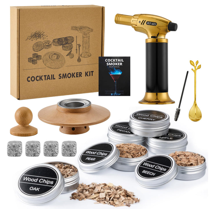 Cocktail Smoker Set – Whiskey Räucher-Set mit 6 Holzsorten & Taschenlampe – Rauchgenerator für Cockt