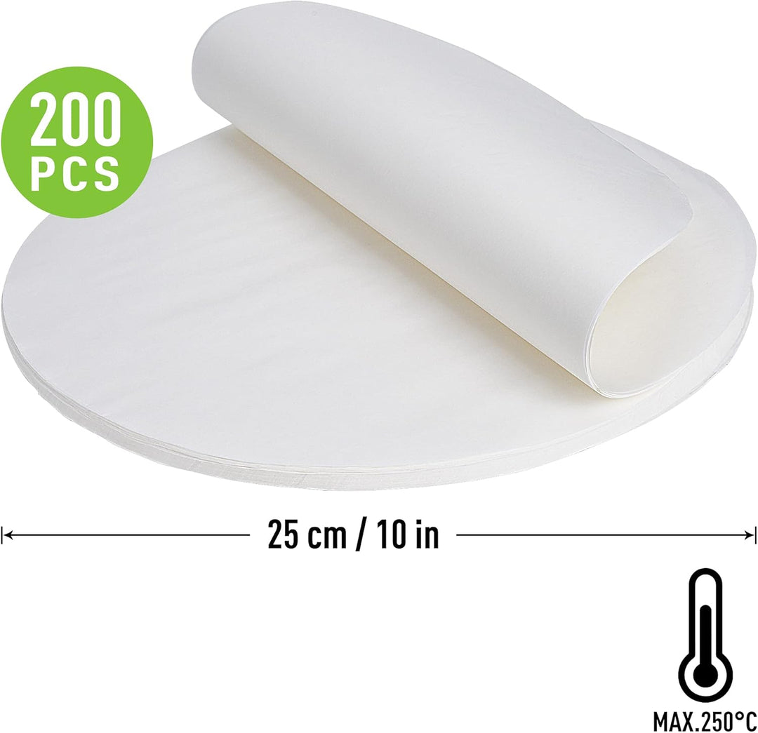 Tortillada – 200 Stück vorgeschnittene Backpapierbögen/Pergamentpapier Zuschnitte rund (25cm), 25cm