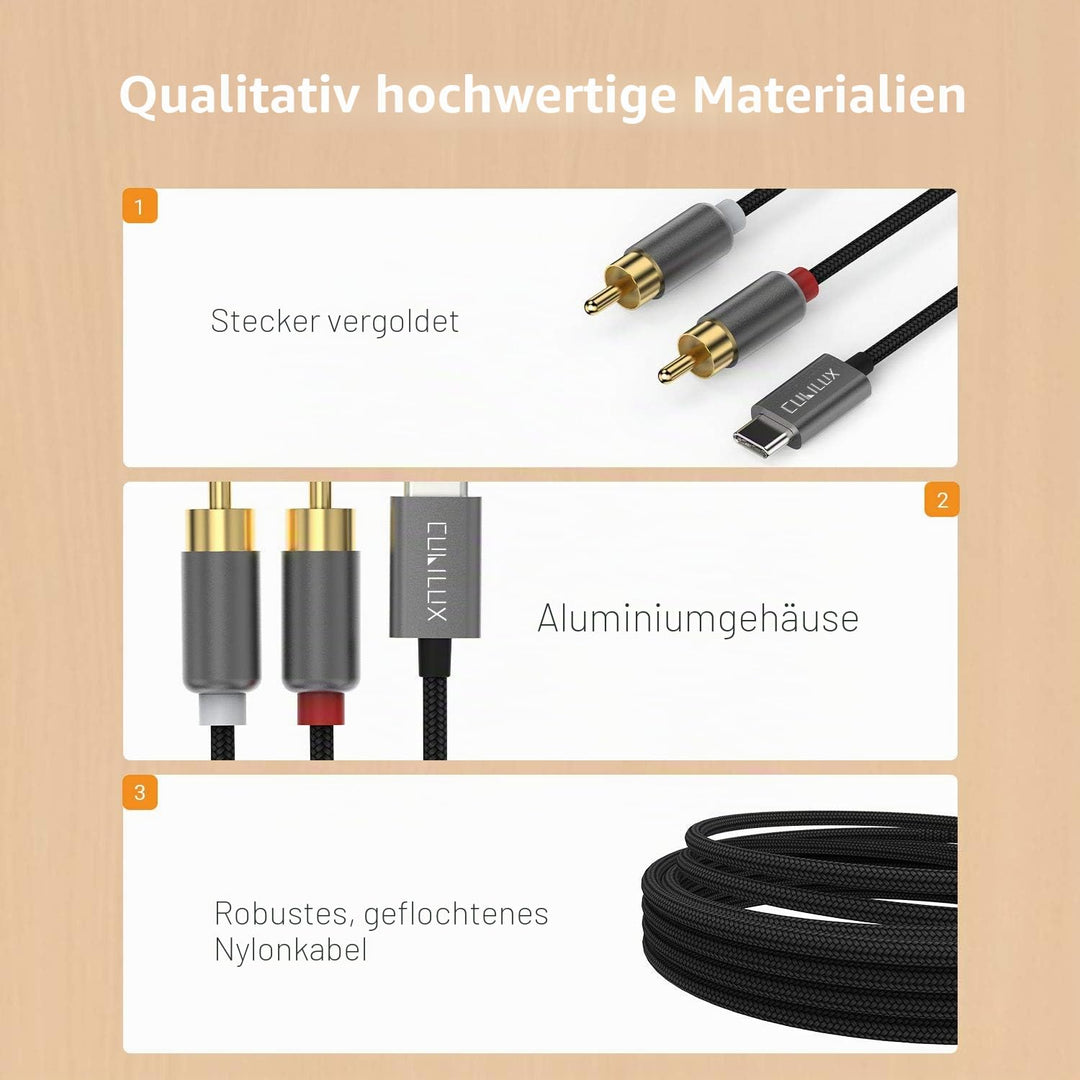 Cubilux USB C auf 2x Cinch (RCA) Stereo Audiokabel, Type C auf RCA AUX mit Hi-Res DAC bis 192 kHz /
