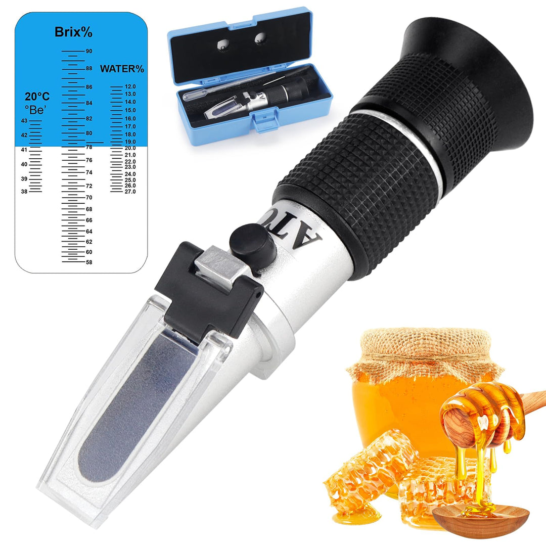 Rierousy 3-In-1 Refraktometer Honig mit Dreifach-Skala(Wasser: 12-27%, Brix: 58-90%, Be': 38-43°), R