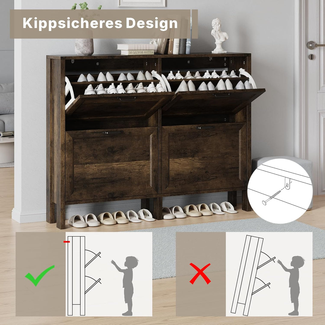 Schuhschrank mit 2 Klappschubladen，120x 81x23cm，Schmaler freistehender Schuh-Organizer，für Eingangsb