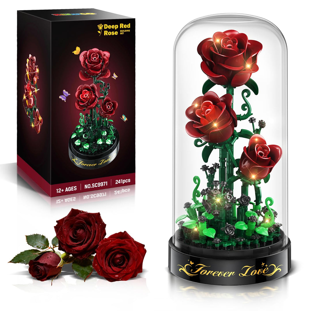 Blumen Rosen Bausatz mit LED Licht, 241 Teile Burgunderrot Rosenstrauss, 3.6MM Blumenstrauss Baustei