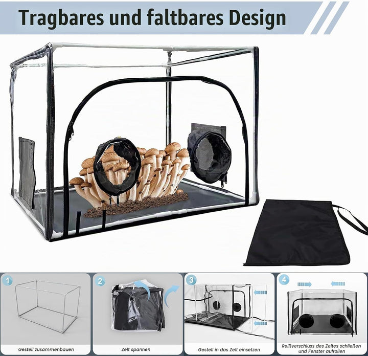 Still Air Box,Tragbares Mushroom Grow Kit, PVC Pilz-Wachstums-Set mit 2 Arm Ports, Faltbare Pilzzuch