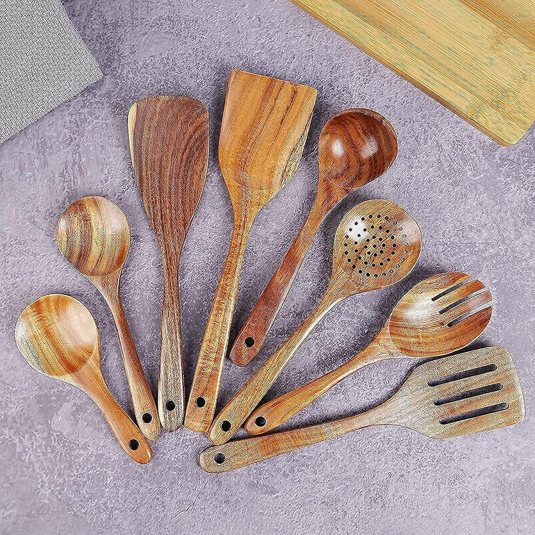JUJOYBD Küchenutensilien Set Holz 8-tlg - Kochutensilien Set Küchenhelfer aus 100% Teak - Antihaftes