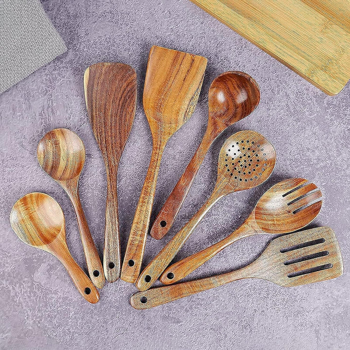 JUJOYBD Küchenutensilien Set Holz 8-tlg - Kochutensilien Set Küchenhelfer aus 100% Teak - Antihaftes