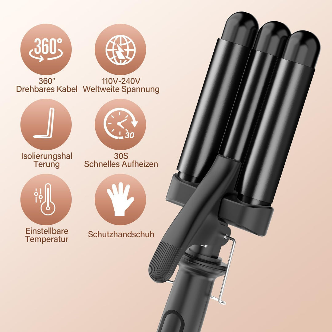Welleneisen für Haare 22mm Lockenstab - 3 Fässer Welleneisen Keramik Mermaid Hair Waver PTC Schnellh