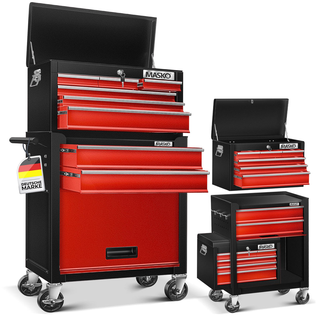 MASKO® Werkstattwagen inkl. Koffer - 9 Fächer Abschliessbar | Massives Metall | Mobiler Werkzeug-Wag