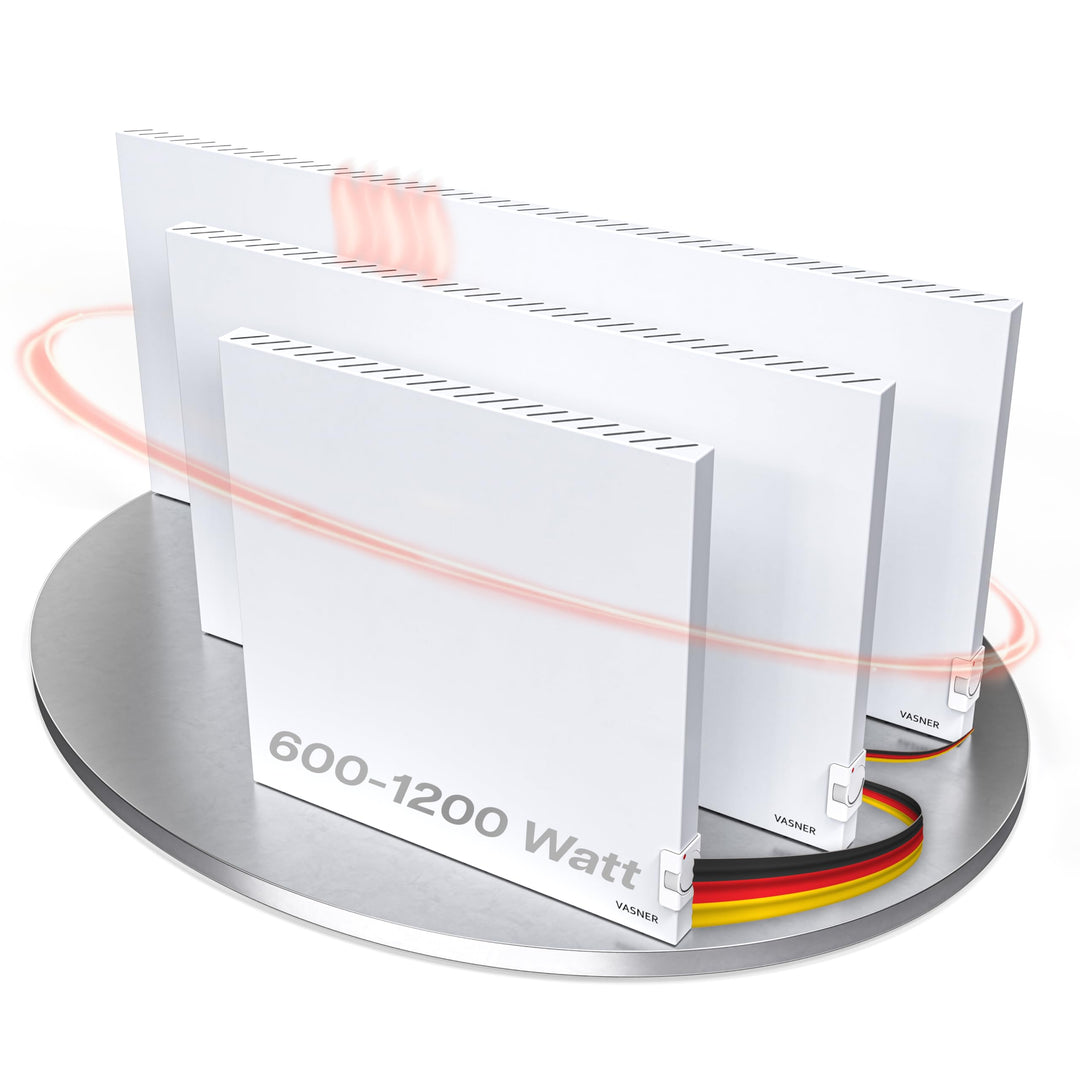 VASNER Konvi Infrarotheizung mit Thermostat – Hybrid Elektroheizung inkl. Wandmontage 600-1200 Watt