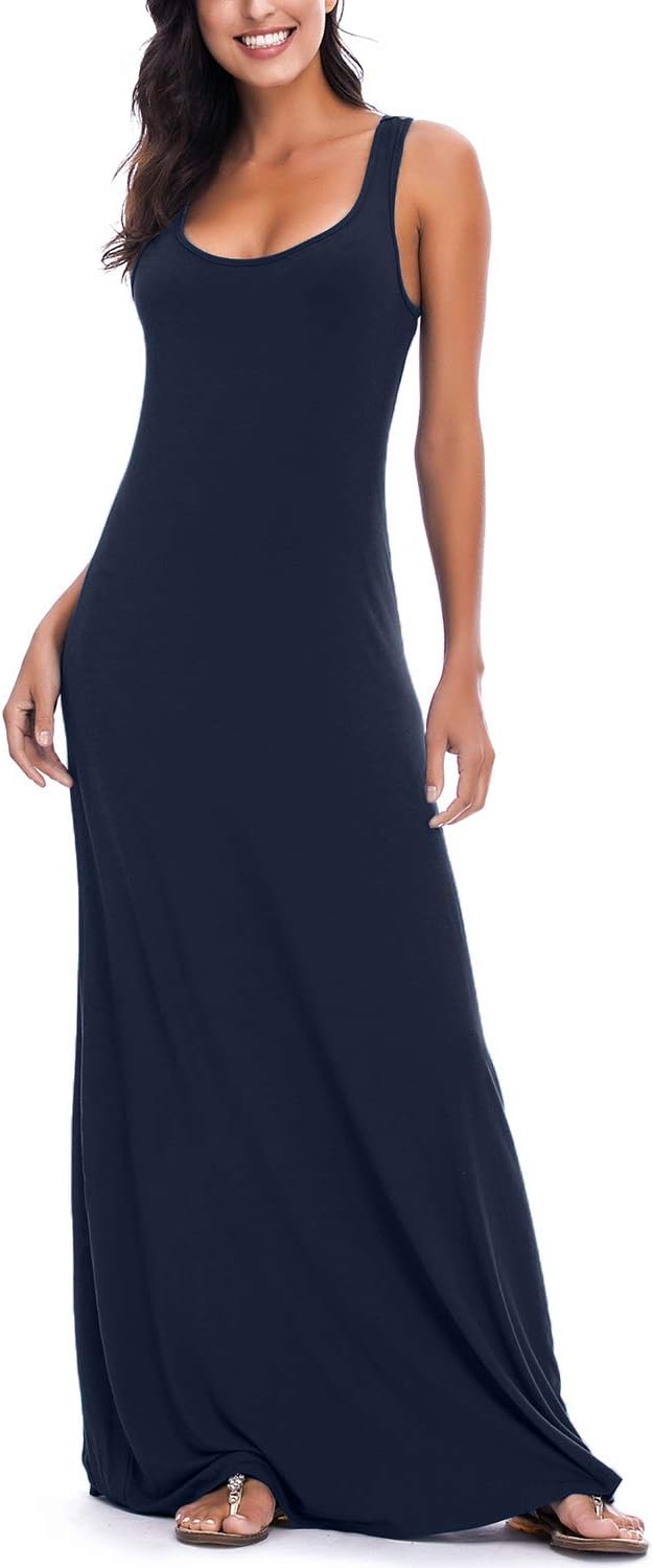 EXCHIC Damen Casual Solide Ärmellos Maxi Kleid Sommer Sexy Strand Tank Top Kleider L Marine Blau, L