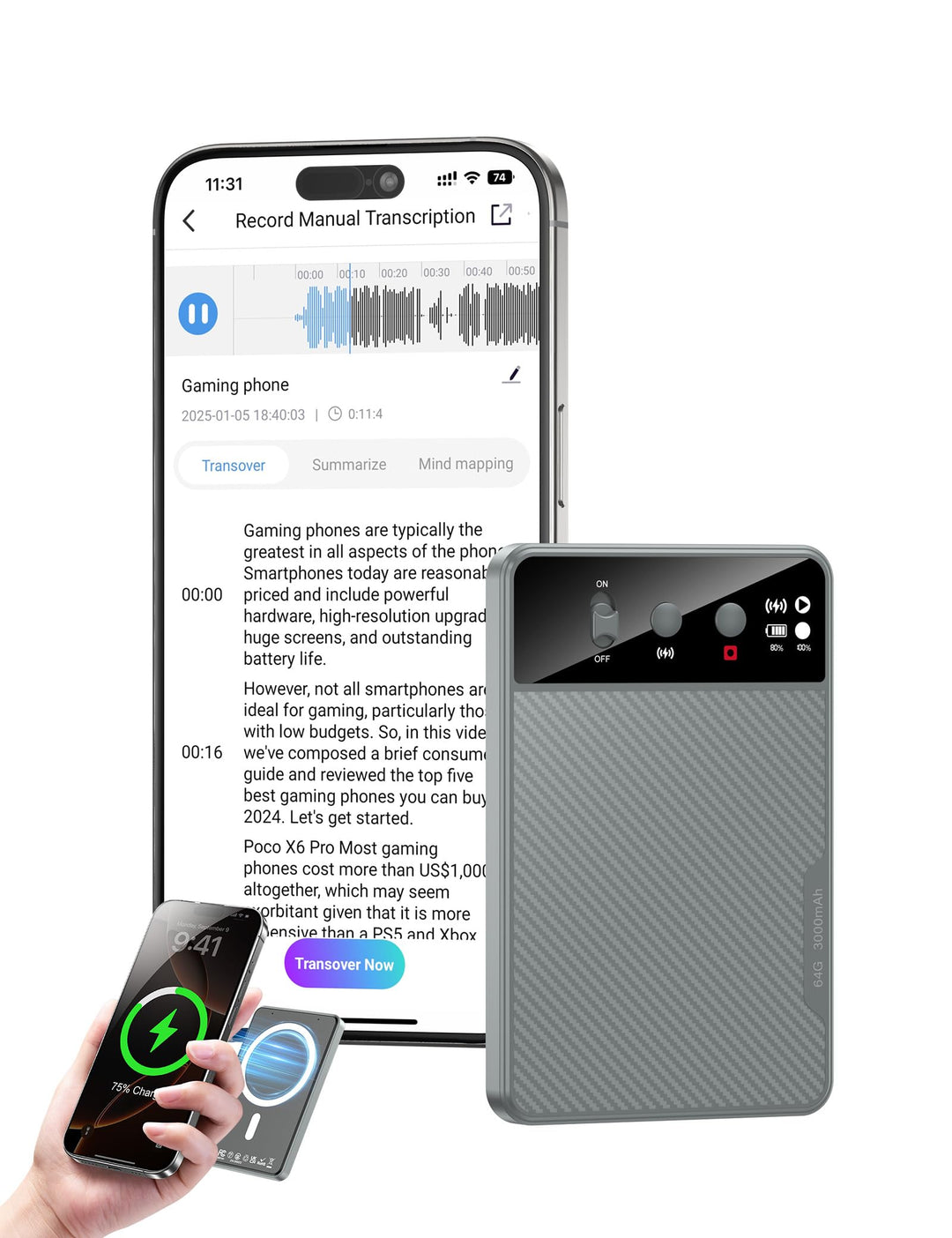 AI Digitales Diktiergerät, Genau Transkription und Zusammenfassende Übersicht, 64 GB Speicher Aufnah