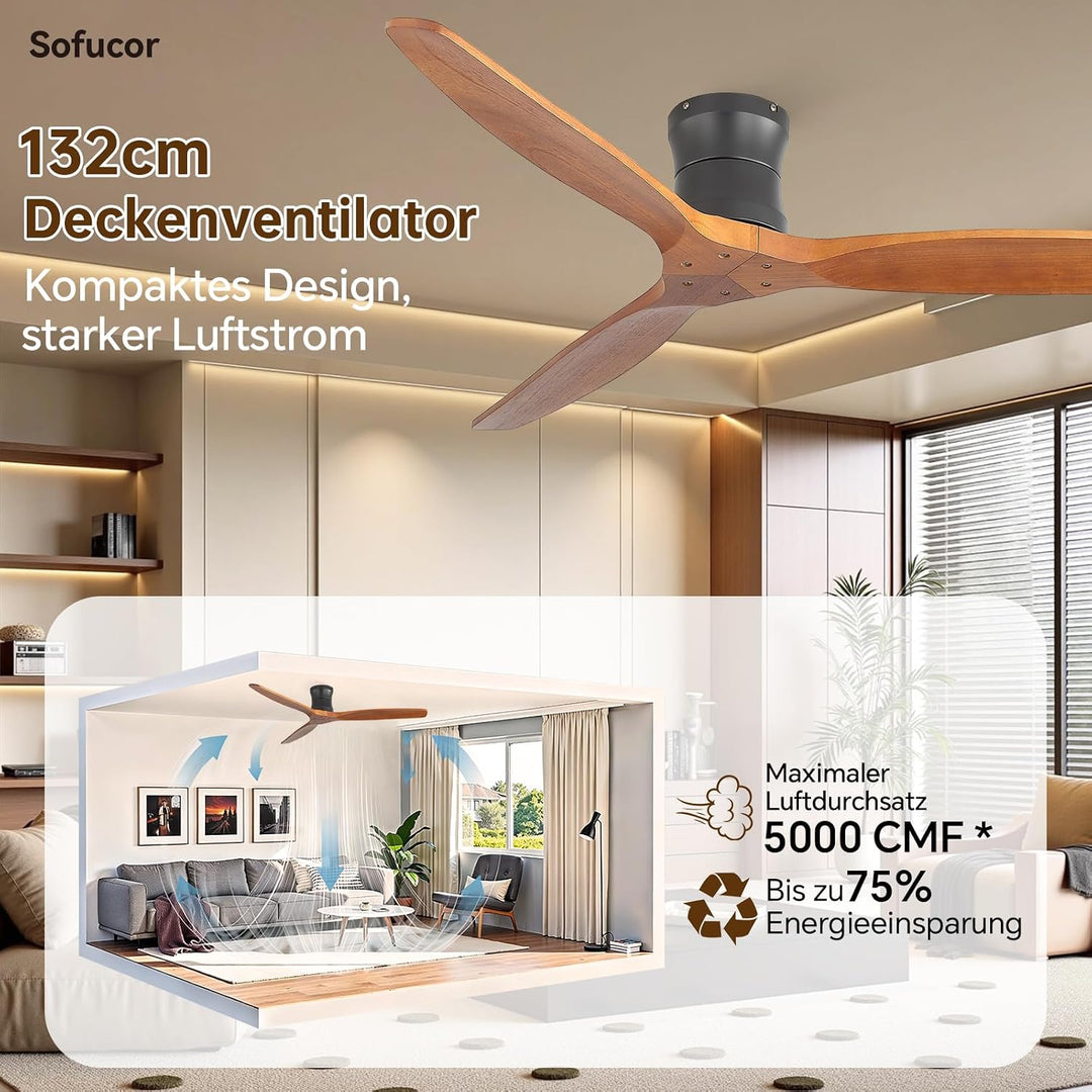 Sofucor 132cm Deckenventilator mit Fernbedienung, Massivholz Deckenventilator ohne Licht, Leise DC M