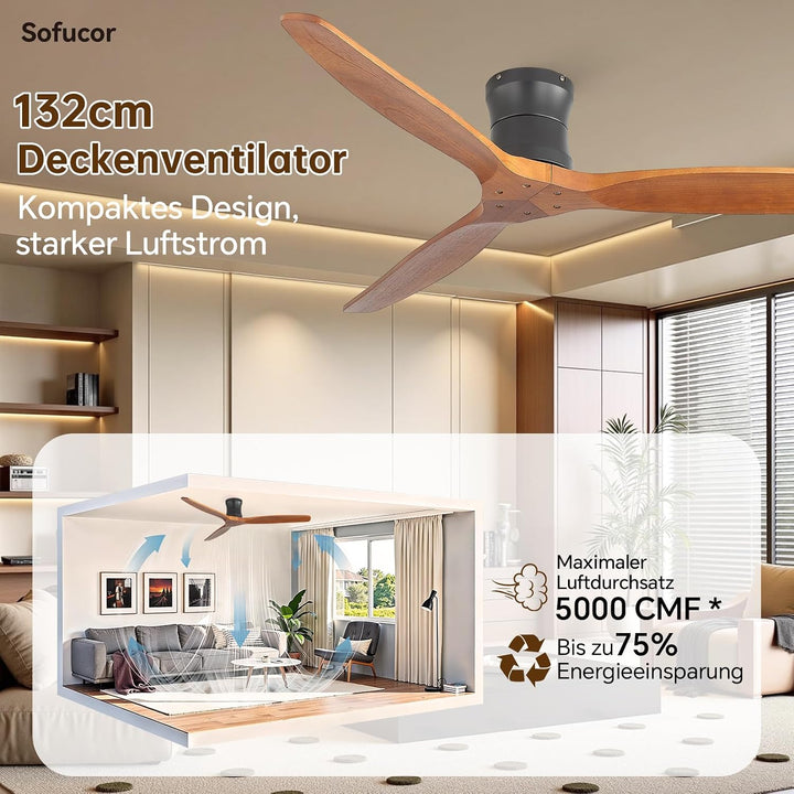 Sofucor 132cm Deckenventilator mit Fernbedienung, Massivholz Deckenventilator ohne Licht, Leise DC M