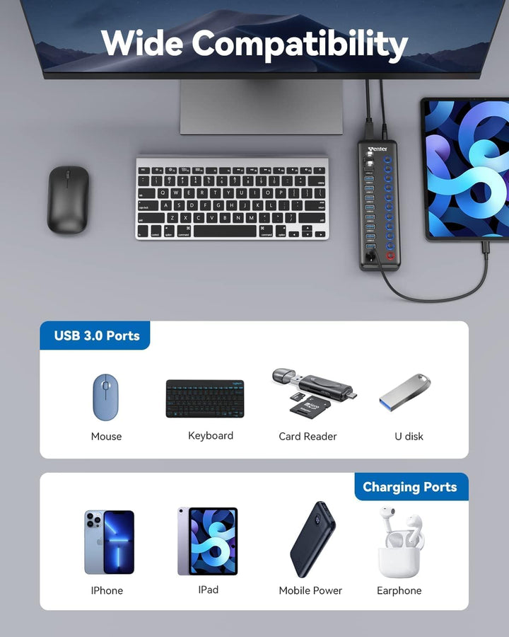 Powered USB Hub, Wenter 11-Port USB Splitter Hub (10 Faster Data Transfer Ports+ 1 Smart Charging Po