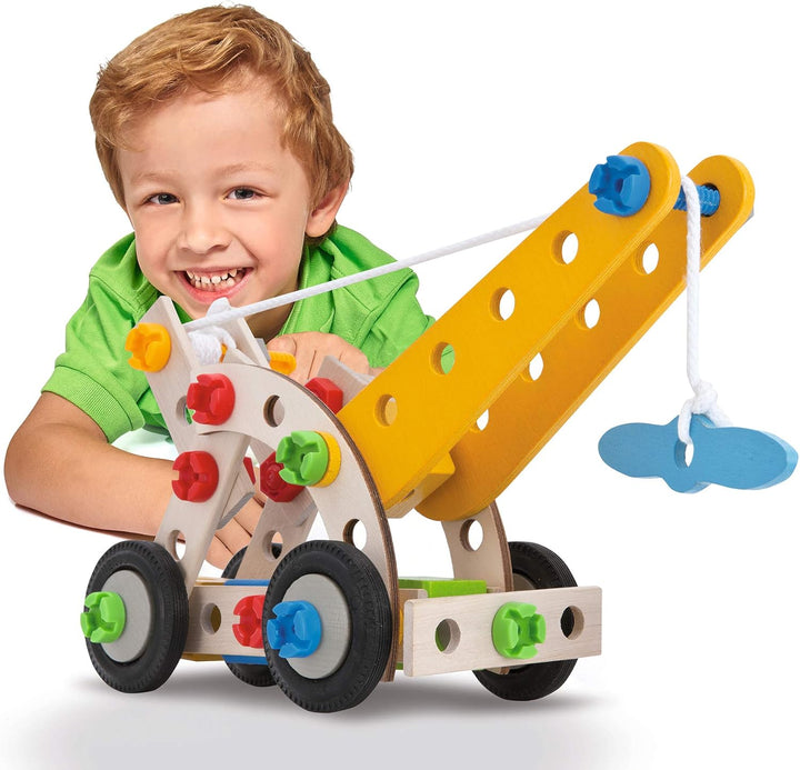 Eichhorn - 100039022 - Constructor Kranwagen, 70-teilig, Holzspielzeug-Konstruktionsset, 4 Verschied