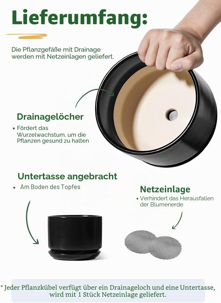 LE TAUCI 3er Pack Keramik Blumentöpfe, 11+13+17 cm Durchmesser Klein Übertöpfe Set, Blumentopf für Z