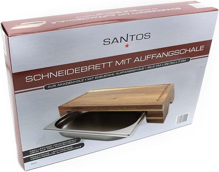 SANTOS Schneidebrett Akazie mit Auffangschale - 43x7x28cm- Serviertablett Gross - Holzbrett zum Hack