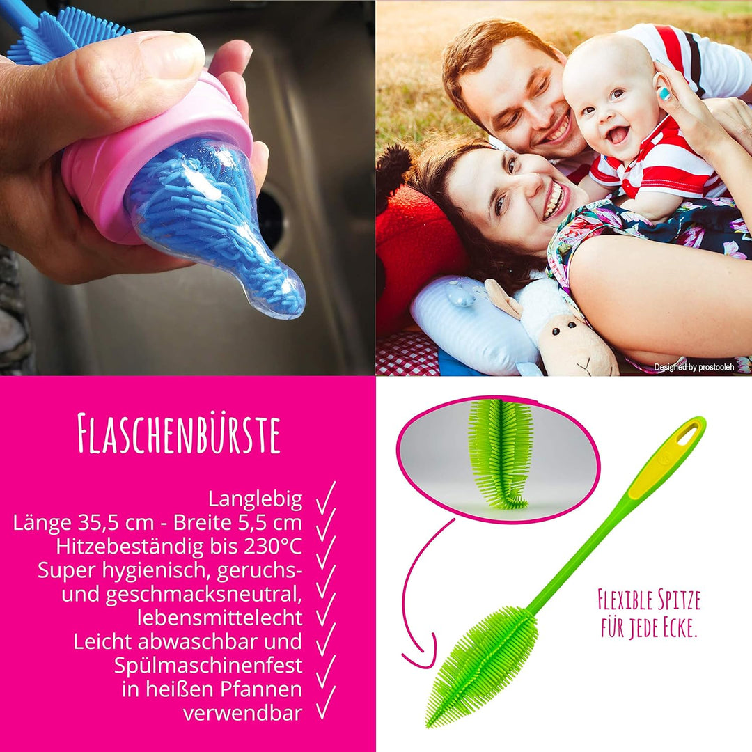 Kochblume Silikonbürsten 3er Set mit Wechselköpfen | Flaschenbürste, Spülbürste, Antibakteriell, Kei