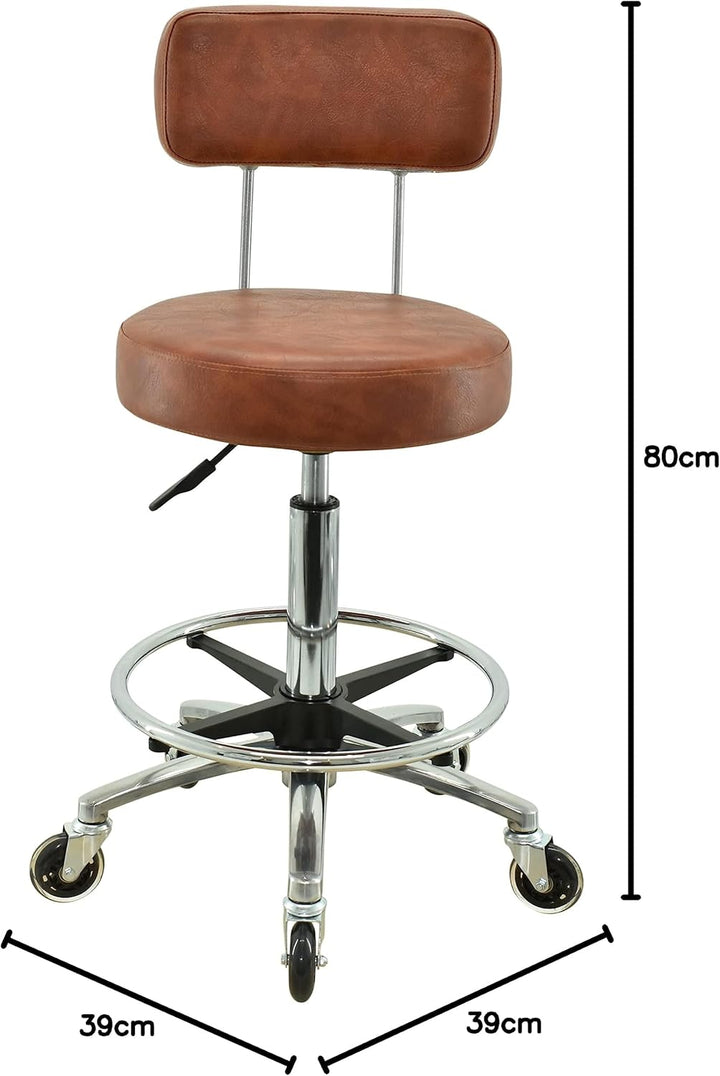 VAKON SALON - Premium Rollhocker in Hellbraun mit Lehne und Fussring - Höhenverstellbar 55-75 cm - R