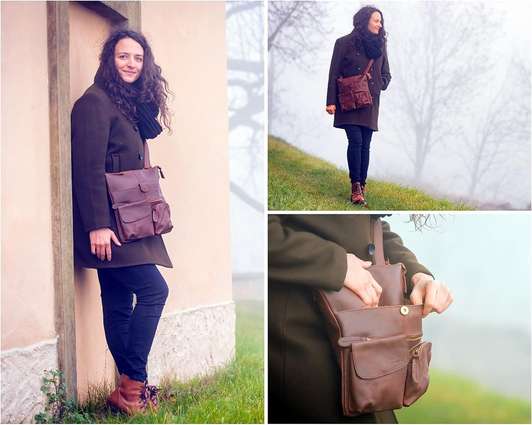 LECONI Umhängetasche Rinds-Leder kleine Schultertasche Damen + Herren Vintage-Look Schultertasche Le