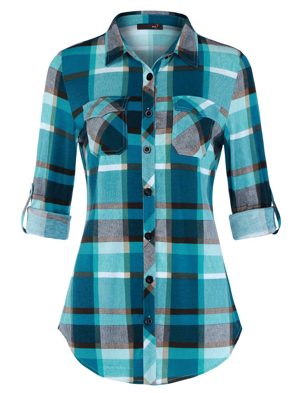 DJT Damen Weiches Gestrick Karierte Bluse Langarm 3/4 Roll Up Ärmel Hemdbluse Button-down Blusen Top