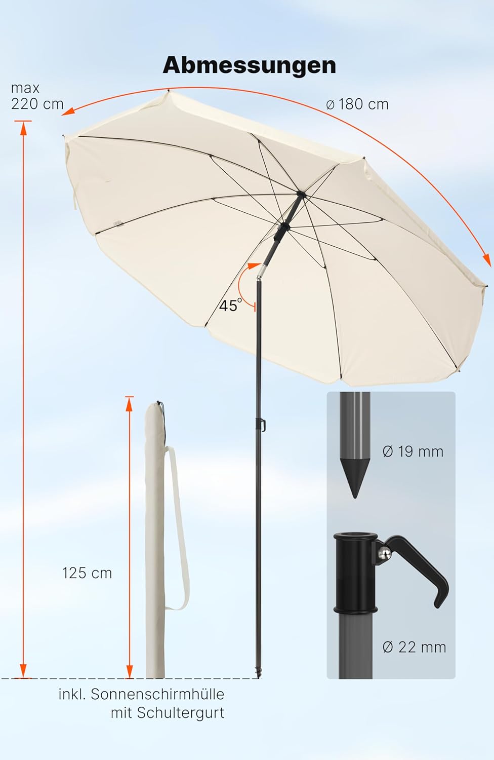 4smile Sonnenschirm Strand SunnyJoy, Beige - UPF 50+ Strandschirm Ø 180 cm, sicherer Sonnenschutz St