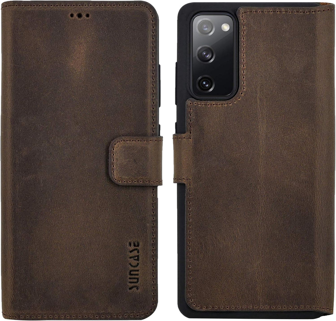 Suncase Book-Style Hülle kompatibel mit Samsung Galaxy S20 FE Leder Tasche (Slim-Fit) Lederhülle Han