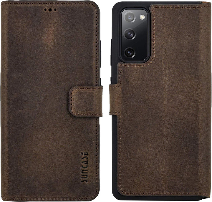 Suncase Book-Style Hülle kompatibel mit Samsung Galaxy S20 FE Leder Tasche (Slim-Fit) Lederhülle Han