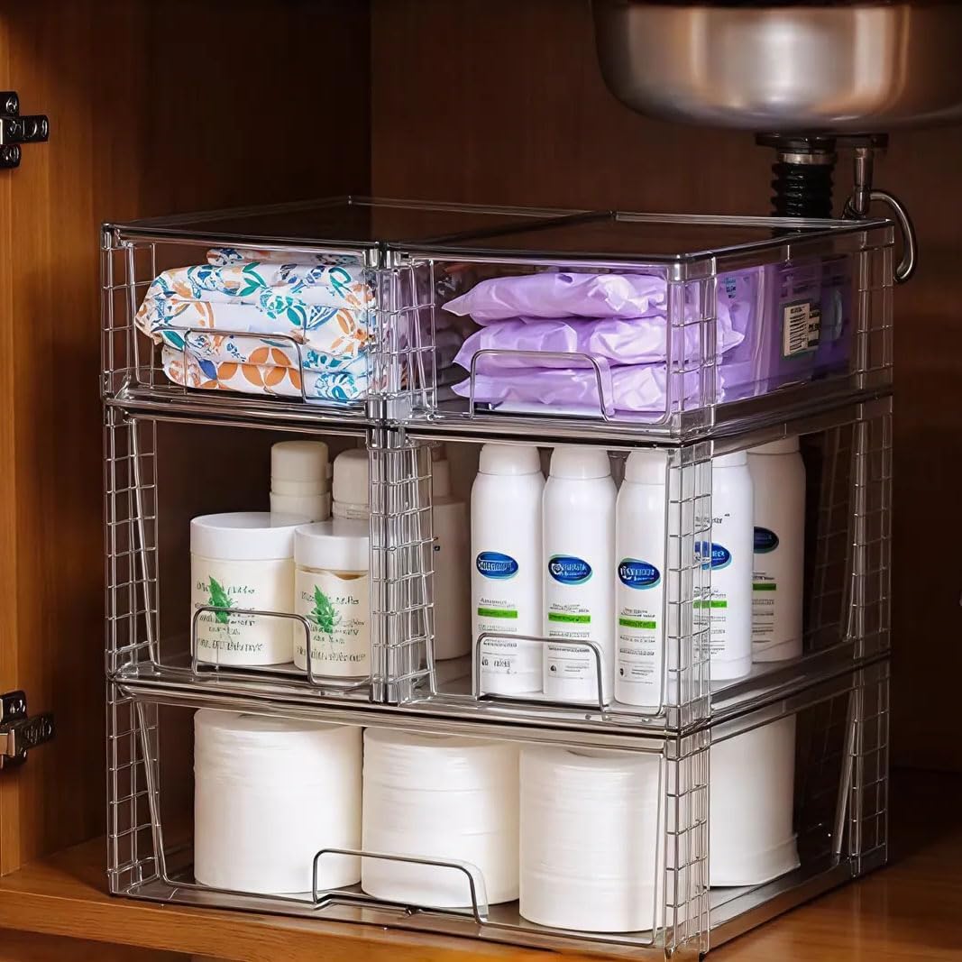 3er Set Stapelbare Aufbewahrungsschubladen, Einfach zu Montieren Acryl Organizer für Bad Unterschran