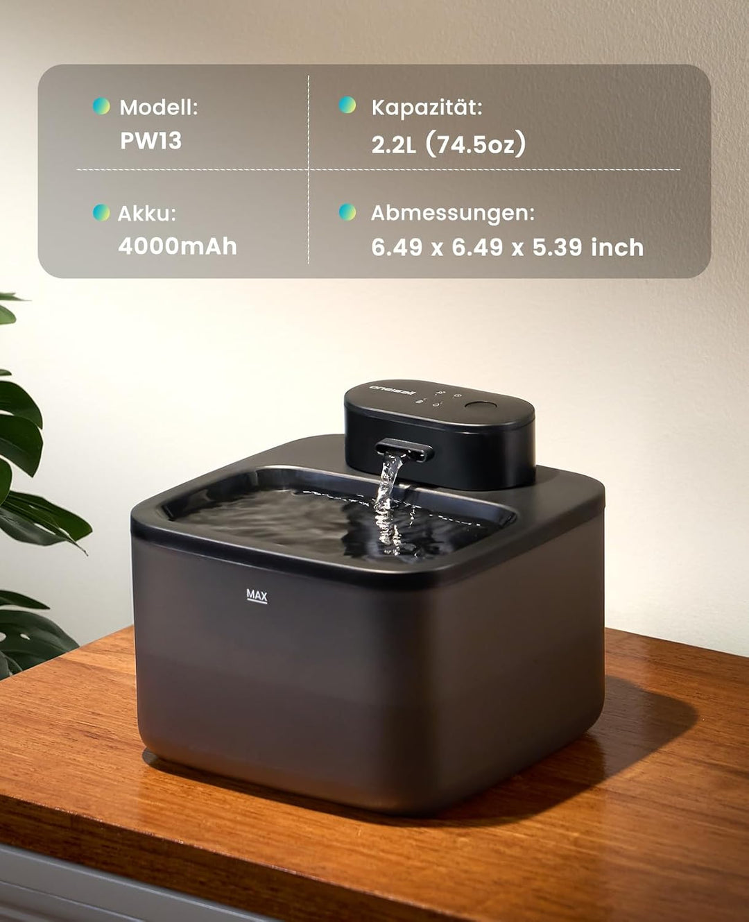 oneisall katzenbrunnen kabellos, 2.2 L trinkbrunnen für Katze kabellos mit bewegungsmelder, 20 dB ul