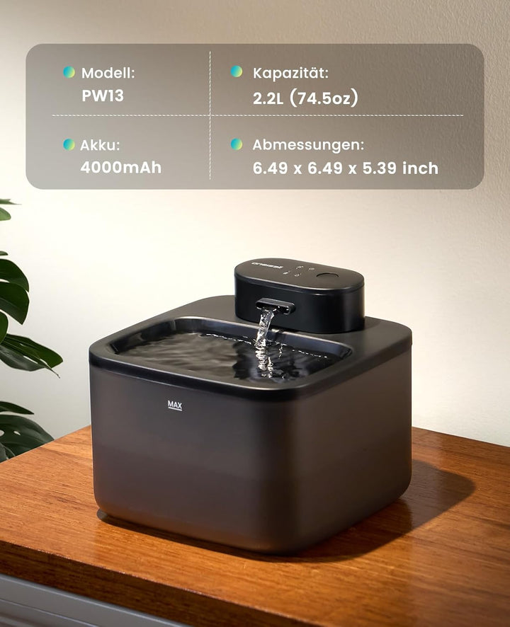 oneisall katzenbrunnen kabellos, 2.2 L trinkbrunnen für Katze kabellos mit bewegungsmelder, 20 dB ul