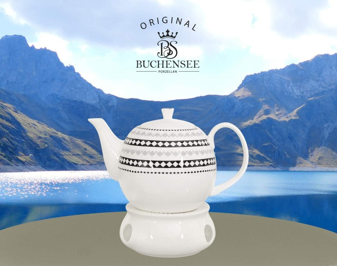 Buchensee Porzellan Kanne 1,5 Liter mit Stövchen. Elegantes Teeset/Kaffeeset aus Fine Bone China mit