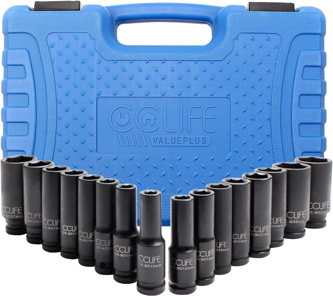 CCLIFE 16tlg 1/2' Schlagschrauber Nüsse Set, 10-32mm Cr-Mo Sechskant Kraft Nuss Steckschlüssel Schla