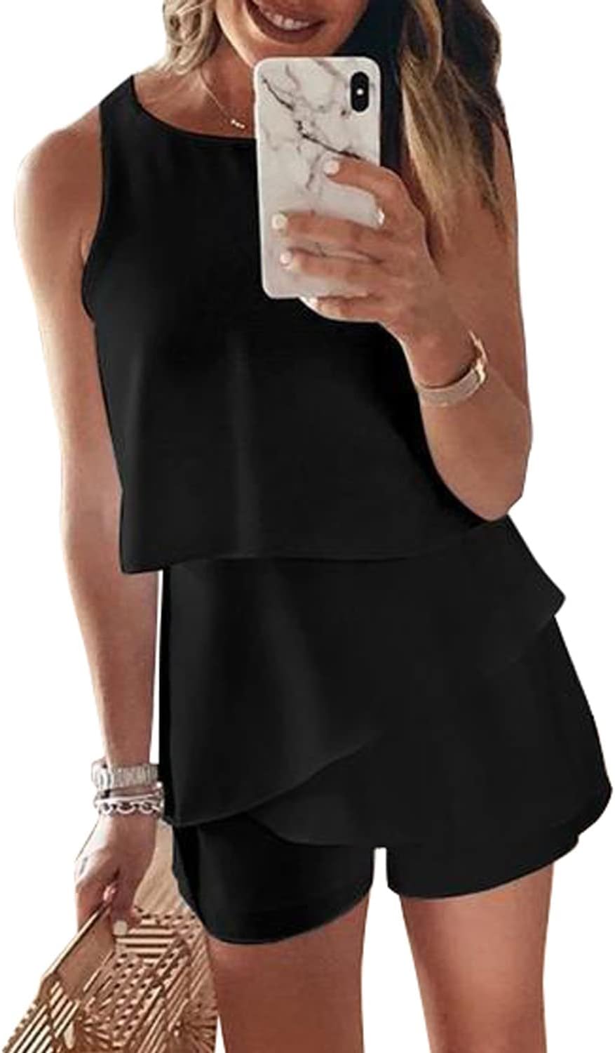 Maavoki Jumpsuit Damen Elegant Sommer Ärmellos Overall mit Rüschen Frauen Oberteile Top und Kurze Ho