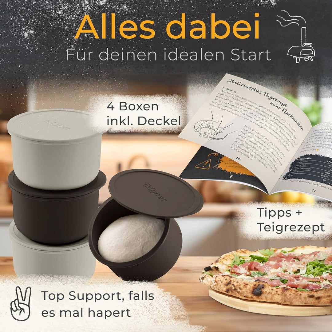 Teigbar« Pizzaballenbox mit Deckel, 4er Set - platzsparende Teigbox aus löse-leichtem Silikon - bis