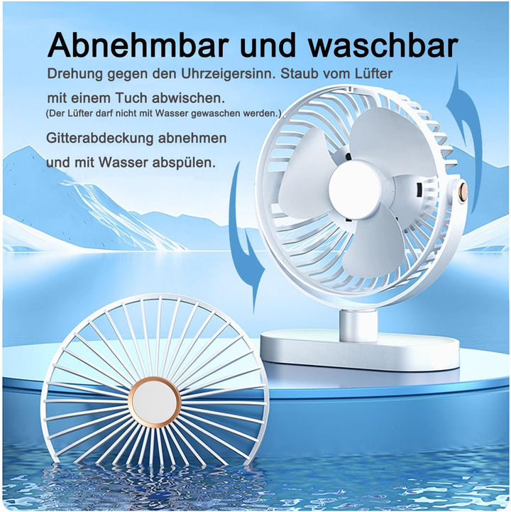 Schreibtischventilator mit Nachtlicht, Tragbarer Mini Ventilator 4000 mAh USB-Akku, 5 Geschwindigkei