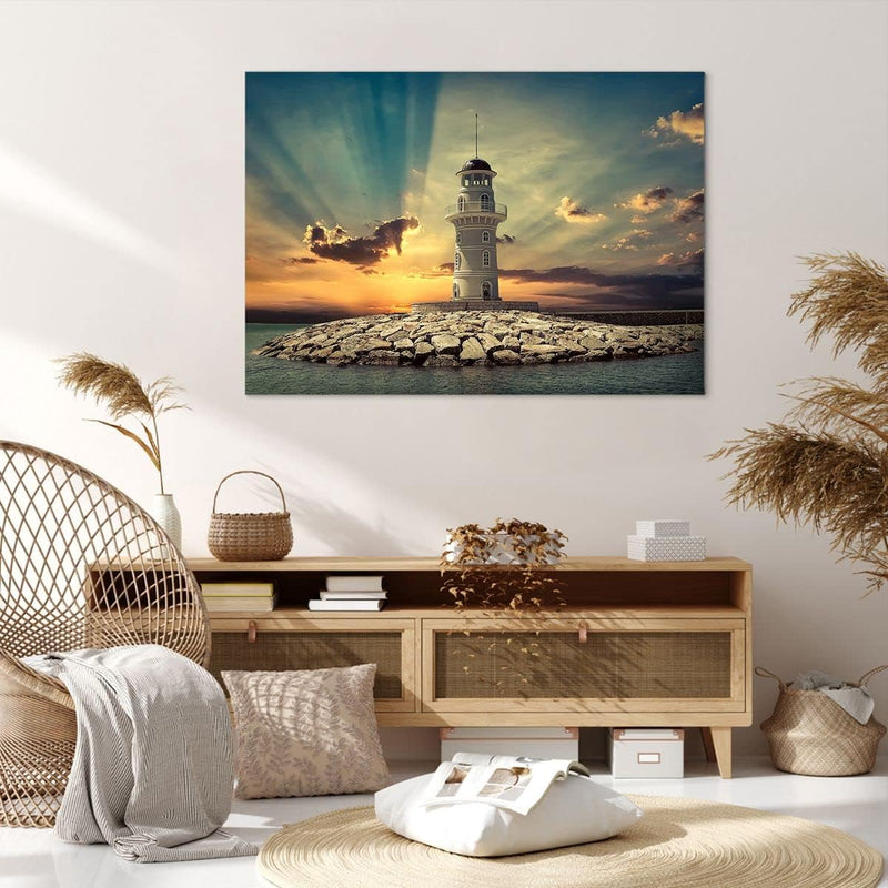 Bilder auf Leinwand 100x70cm Leinwandbild Leuchtturm Wasser Meer Steine Gross Wanddeko Bild Schlafzi