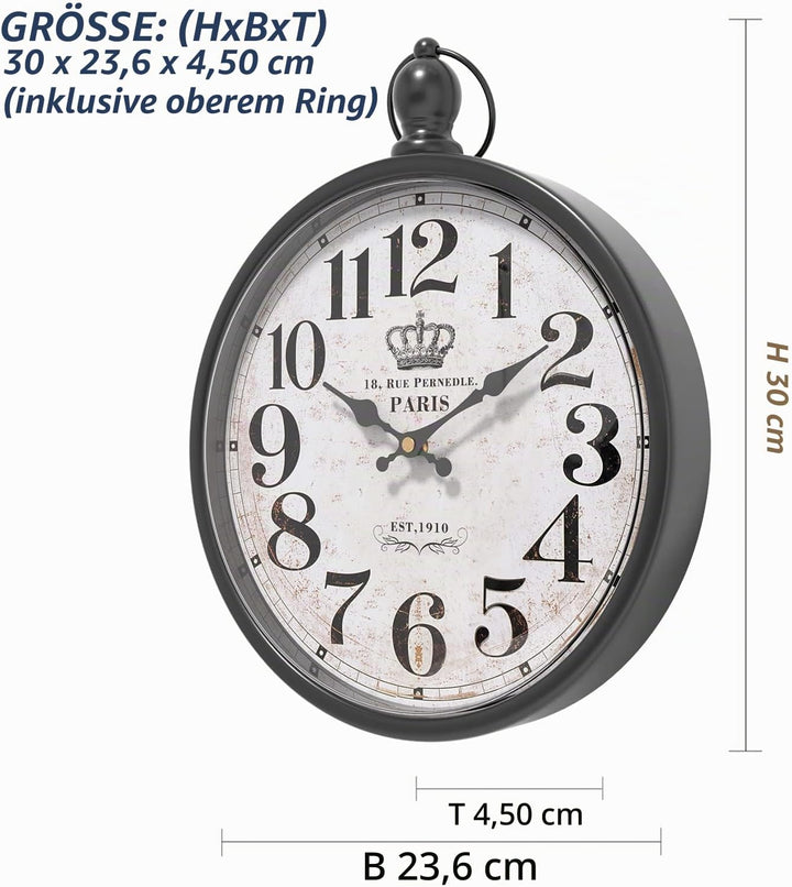 Menterry Small Retro Round Wall Clock. Black Vintage Antique Style Wall Clocks. Battery Operated Sil